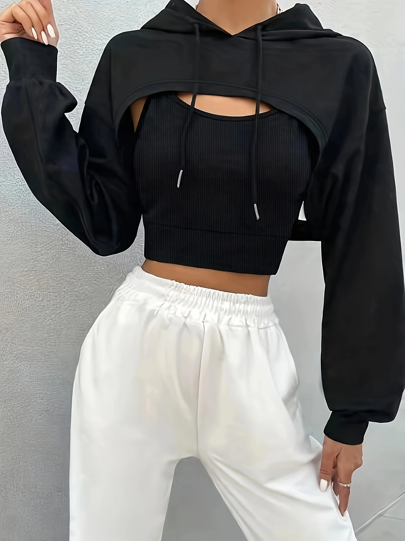 deanwangkt  Casual Two-piece Set, Drawstring Crop Hoodie & Solid Top Outfits, Women's Clothing - Deanwangkt