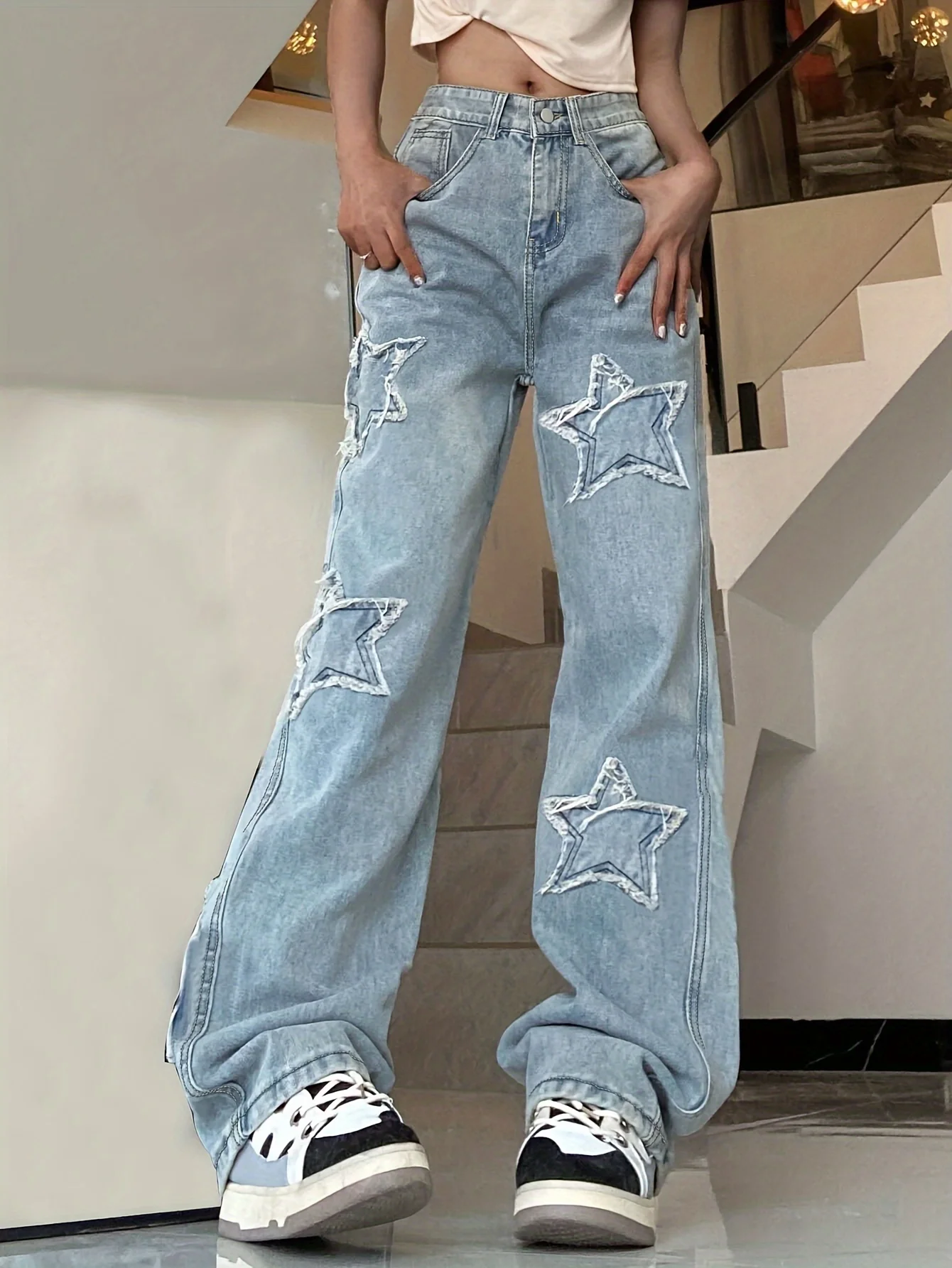 Blue Star Shape Patchwork Straight Jeans, Loose Fit Slant Pockets Non-Stretch Denim Pants, Women's Denim Jeans & Clothing - Deanwangkt