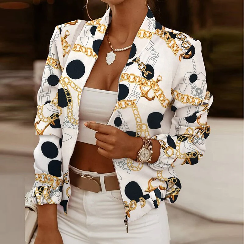 deanwangkt New Short Jacket Women Long Sleeve Coats Female Elegant Spring Autumn Zipper Outwear Office Ladies Print Casual Jackets - Deanwangkt