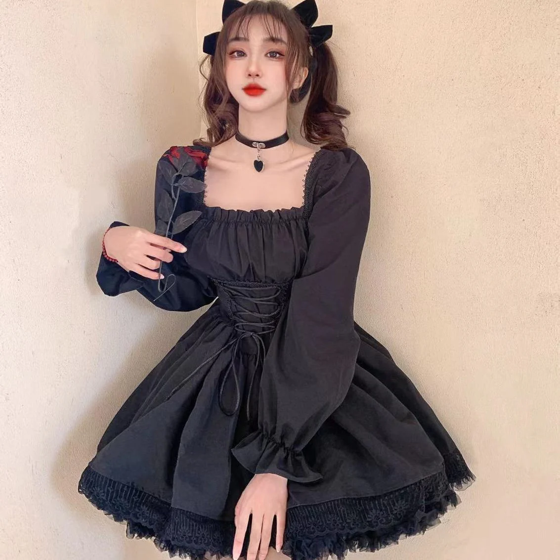 White Lolita Dress Kawaii Vinatge Long Sleeve Mini Dresses Black Gothic Bandage Lace Patchwork Streetwear Square Collar - Deanwangkt