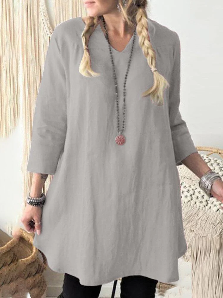 deanwangkt Casual Plain V-neck 3/4 Sleeve Women Solid Cotton Blouse - Deanwangkt