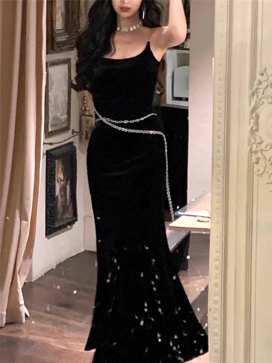 Joskka Mermaid Dress Velvet Women Autumn  New Fashion Elegant Evening Party Korean Female Summer Slim Black Dresses French Clothes Hoco Dress - Deanwangkt