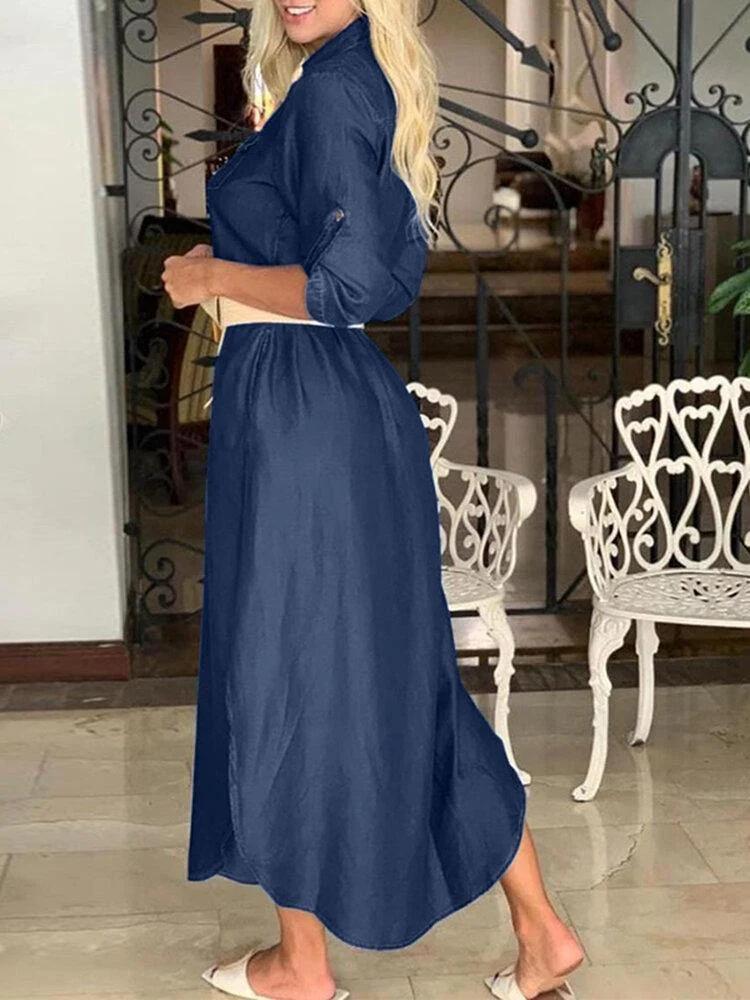 deanwangkt Casual Lapel Button Three Quarter Sleeve Solid Denim Maxi Dress - Deanwangkt