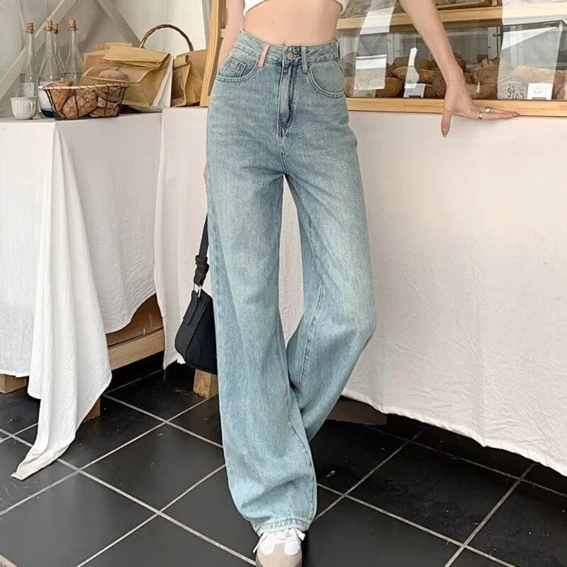 deanwangkt Baby Blue Loose Straight Jeans Women's High Waist Thin Summer Thin Design Tassel Versatile Wide Leg Pants Trend - Deanwangkt