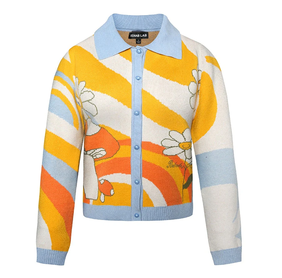 deanwangkt Women Winter Cardigans With Turn-Down Collar Seaside Scenery Print Long Sleeve Knitted Outwear Green Yellow Coat - Deanwangkt