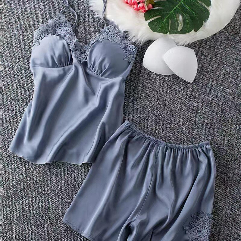 5PCS Robe Sleep Suit Pajamas Set Sexy Lace Stain Red Pajamas Women Silk Pyjamas Dressing Gown Summer Robe Sleepwear Chest Pads - Deanwangkt
