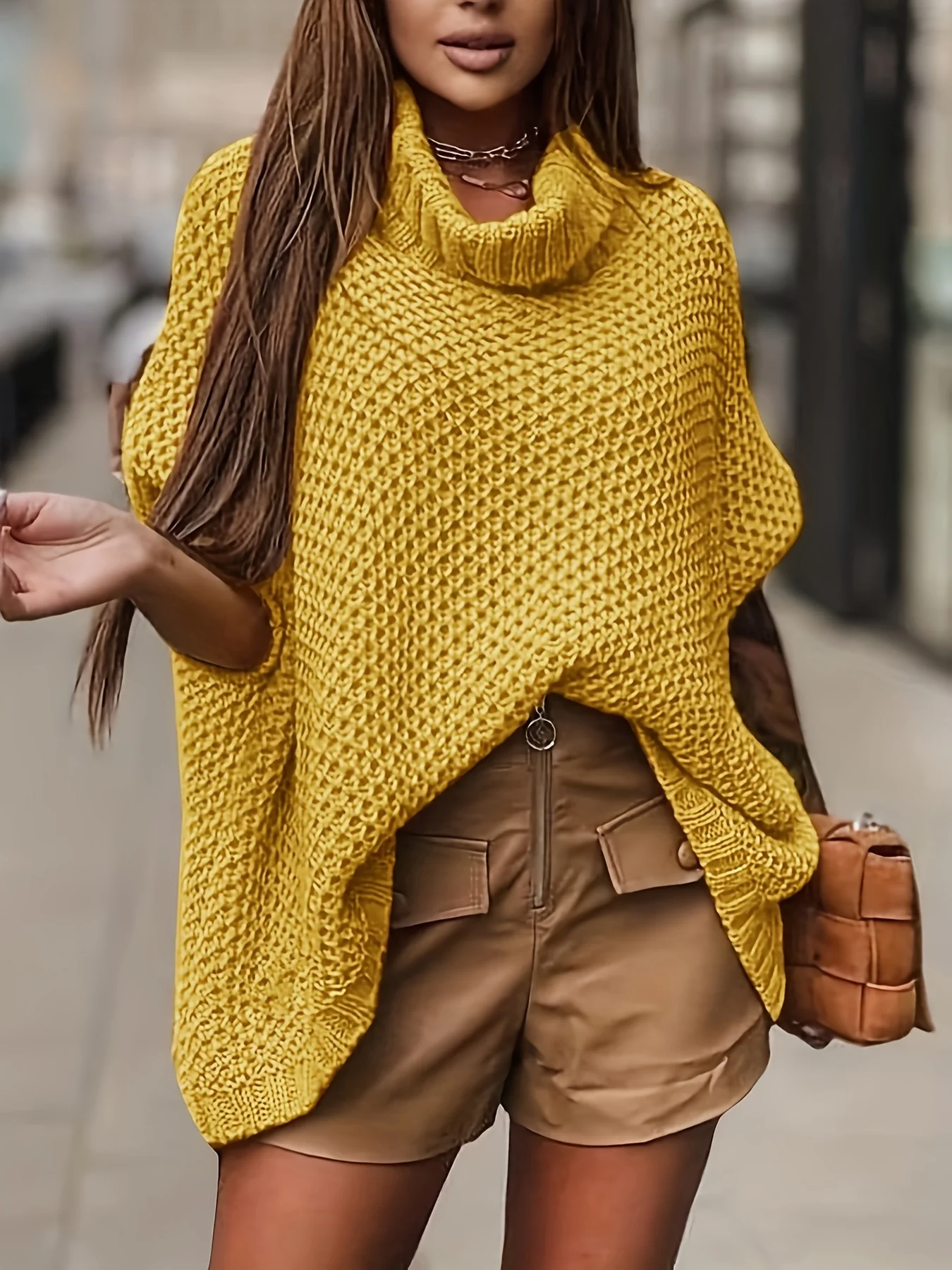 deanwangkt Plus Size Elegant Sweater, Women's Plus Solid Batwing Sleeve Turtleneck High Stretch Loose Jumper - Deanwangkt