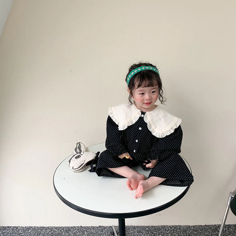 deanwangkt  Spring cute baby girl polka dot black outfits Girls fashion big turn-down collar shirt and wide leg pants 2pcs sets Kids clothes - Deanwangkt