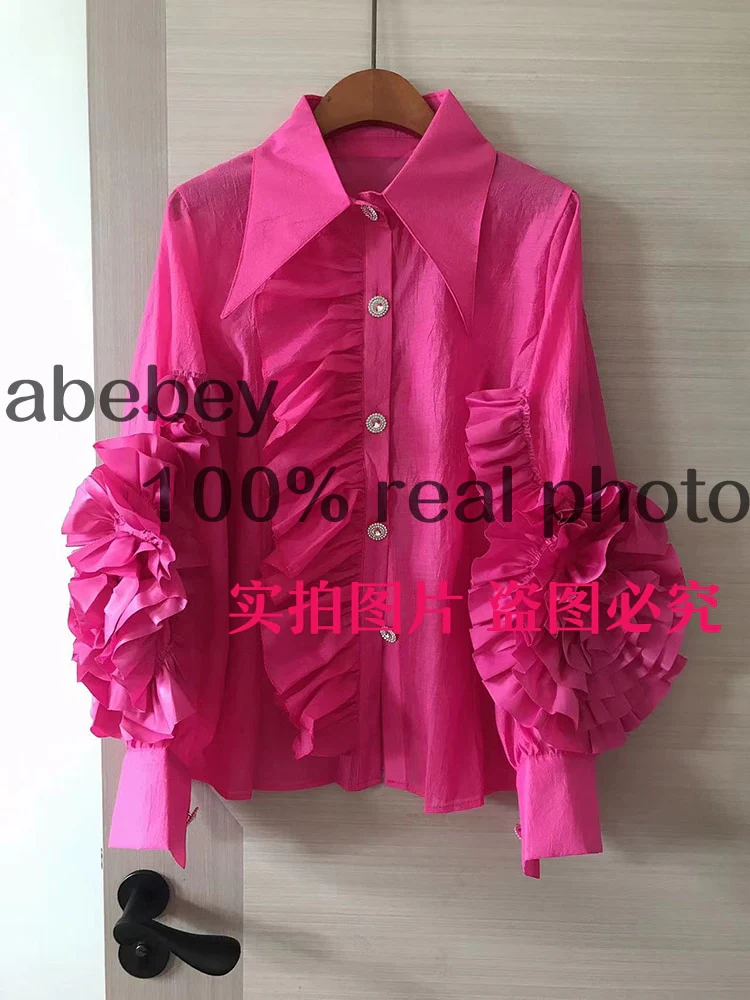 deanwangkt Ruffle Trim Shirt For Women Lapel Lantern Sleeve Loose Solid Button Through Blouse Female Fashion Clothing - Deanwangkt