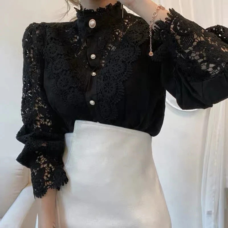 deanwangkt Vintage Solid White Lace Blouse Shirts Women New Korean Button Loose Shirt Tops Female Hollow Casual Ladies Blouses Blusas - Deanwangkt