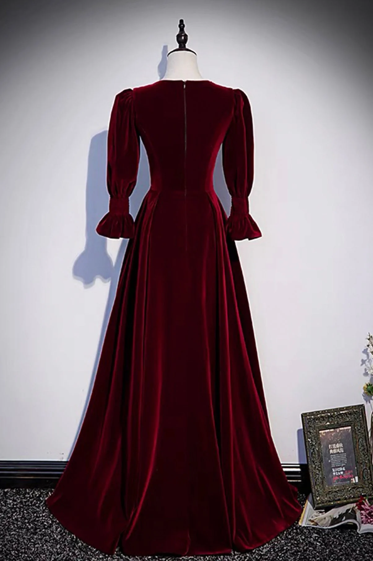 solvbao Burgundy Velvet Long Prom Dresses, A-Line Long Sleeve Evening Dresses - Deanwangkt