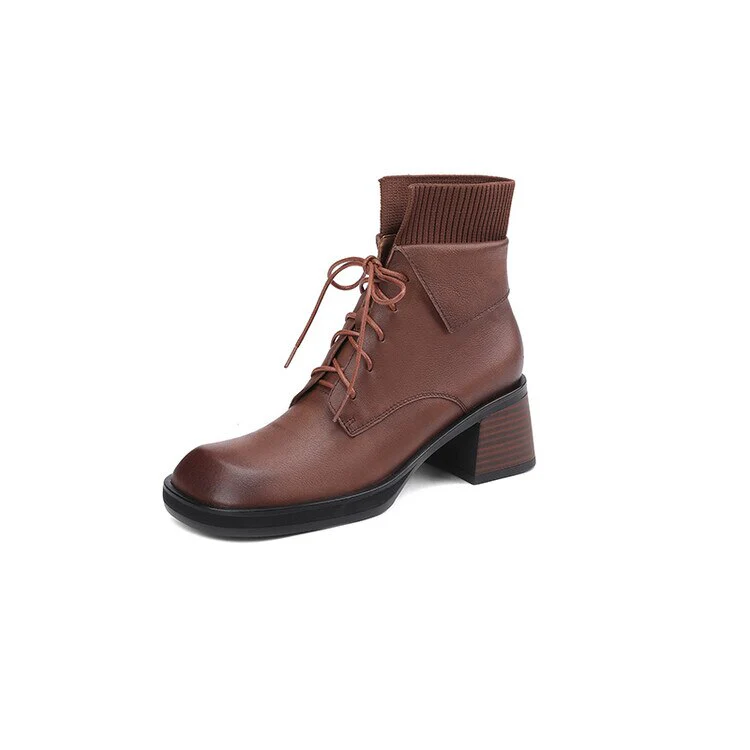 deanwangkt  Autumn Shoes   NEW Fall Shoes Women Genuine Leather Ankle Boots Round Toe Chunky Shoes for Women Winter Thick Heel Boots Lace Up Black Boots - Deanwangkt