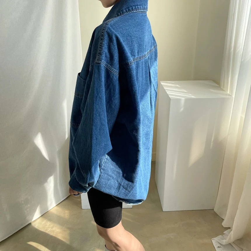 deanwangkt Female Denim Shirt Autumn Korean Retro Chic Pointed Collar Single-Breasted Loose Large Pockets Washed Blue Blouses - Deanwangkt