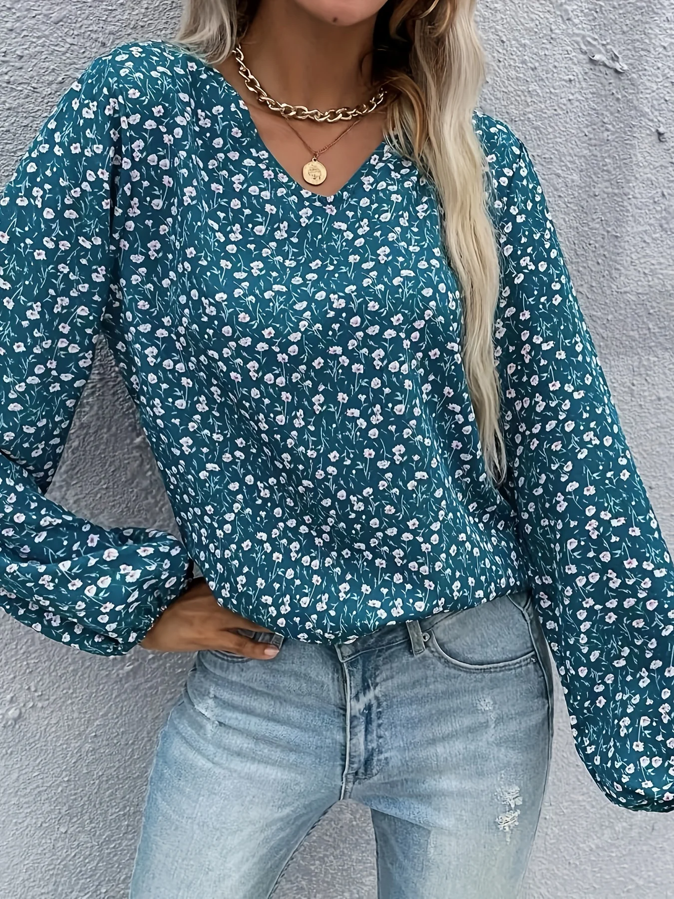 Ditsy Floral Print Blouse, Elegant V Neck Lantern Sleeve Blouse, Women's Clothing - Deanwangkt