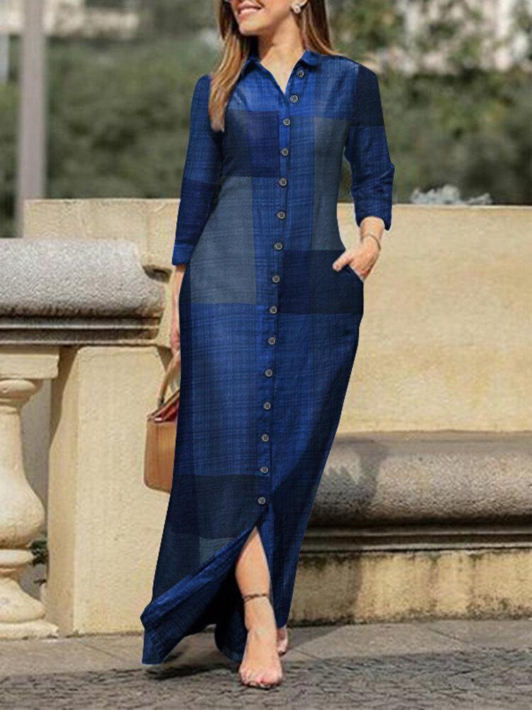 deanwangkt Plaid Print Lapel Button Long Sleeve Shirt Maxi Dress - Casual Style for Women - Deanwangkt