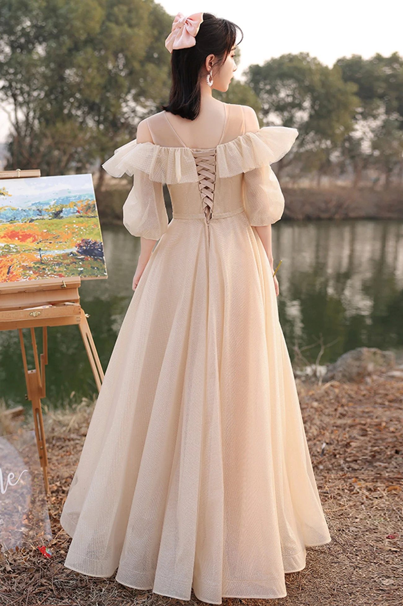 solvbao Cute Tulle Long A-Line Prom Dresses, Champagne Lace-Up Party Dresses - Deanwangkt