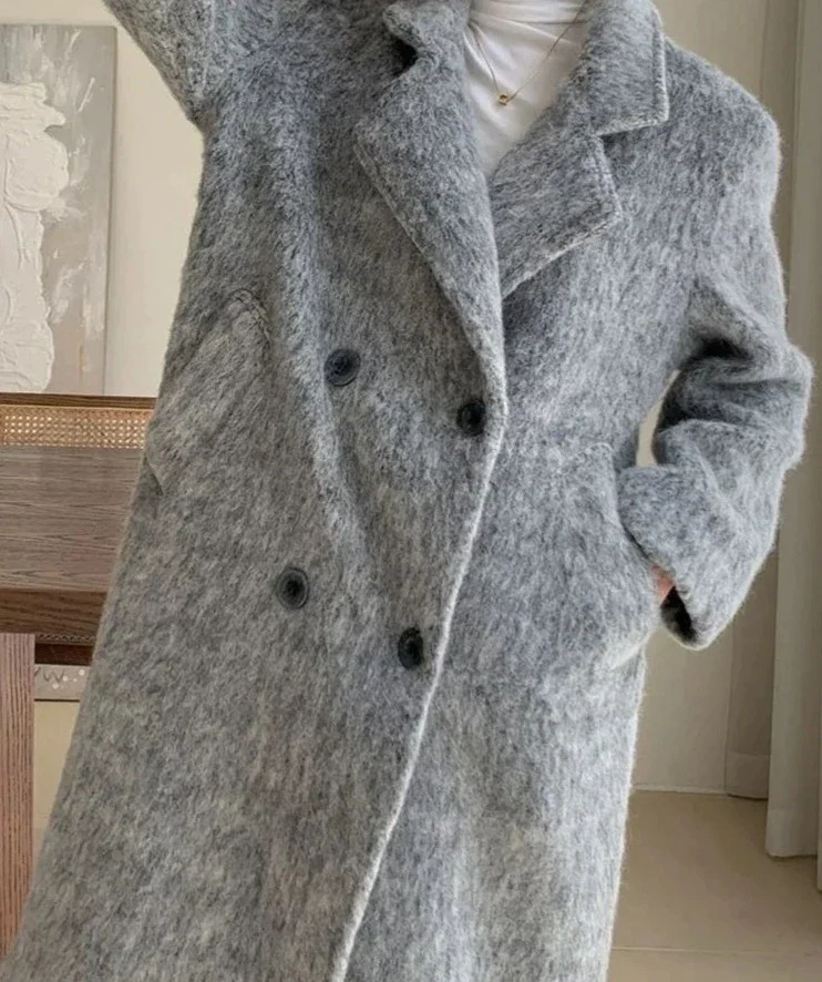 deanwangkt Mohair Long Wool Coat Women Autumn Winter New Long Sleeve Thicken Jacket Vintage Double Breasted Loose Chic Coats - Deanwangkt