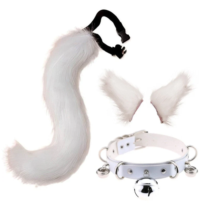 Plush Cat Ears Hair Clip Furry Wolf Tail with Faux Leather Bell Neck Choker Necklace Set Anime Animal Cosplay Costume - Deanwangkt