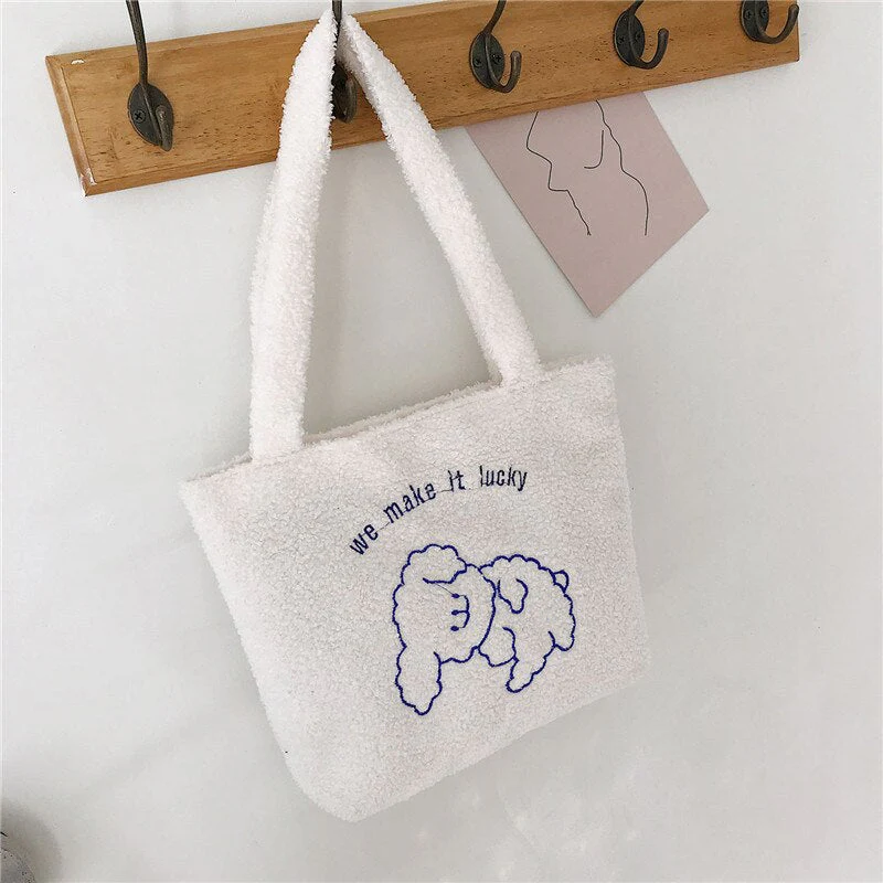 deanwangkt  Women's Bag New Plush Tote Bag For Women  Cartoon Embroidery Handbag Women Shoulder Bag Shopper Bag Winter Bags Bolsa Mujer - Deanwangkt