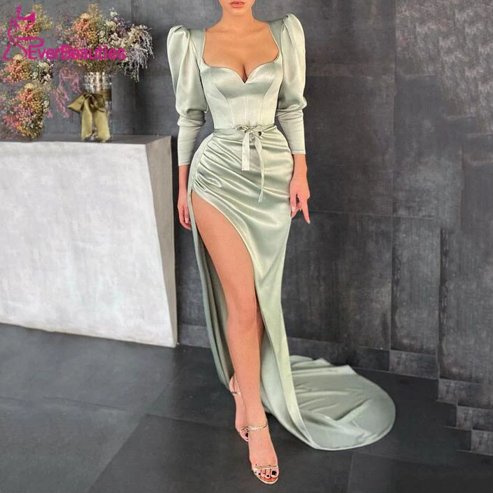 Vestidos Formales Mermaid Evening Dresses  Long Sleeves Evening Gown Satin Abiye Vestido De Festa Side Slit Robe De Soiree - Deanwangkt