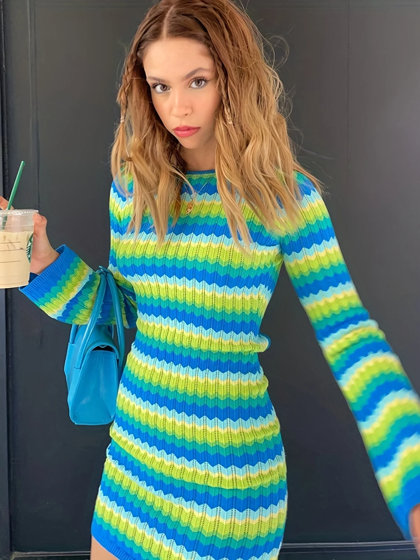 Chevron Backless Bodycon Dress, Y2K Sexy Crew Neck Long Sleeve Dress, Women's Clothing - Deanwangkt