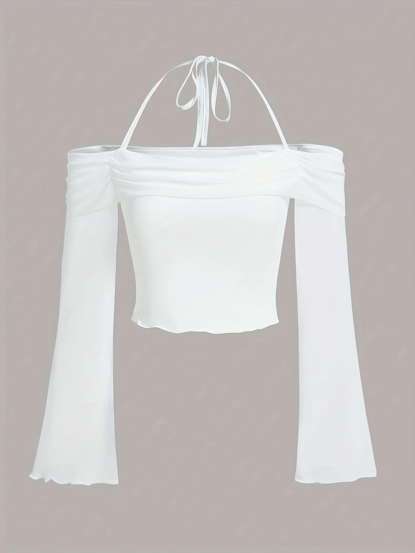 Solid Flared Sleeve Blouse, Casual Halter Neck Ruched Blouse, Women's Clothing - Deanwangkt