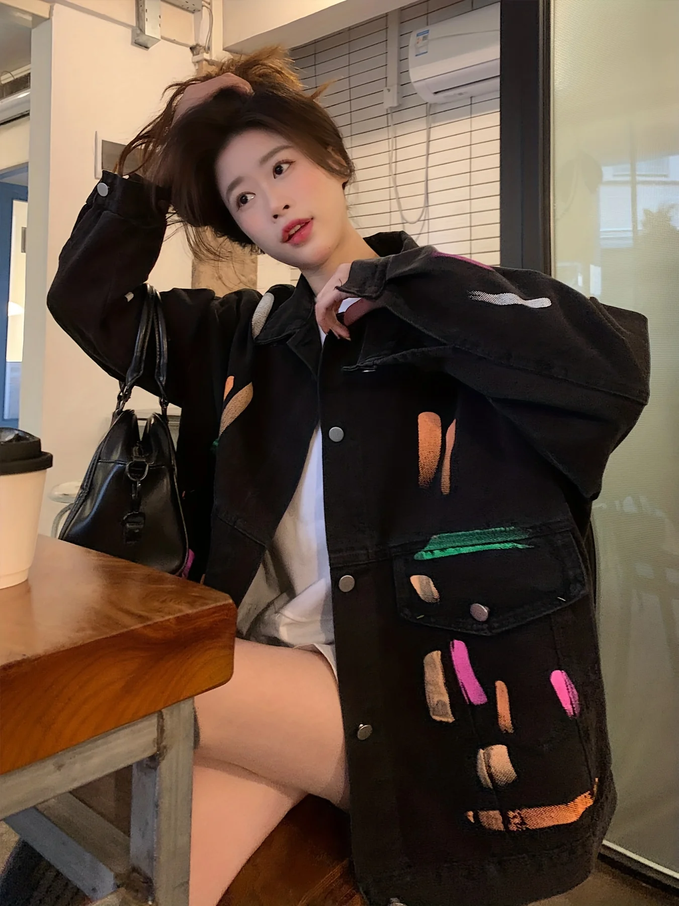 Black Graffiti Chic Denim Coat, Long Sleeves Loose Fit Lapel Denim Jacket, Women's Denim Clothing - Deanwangkt