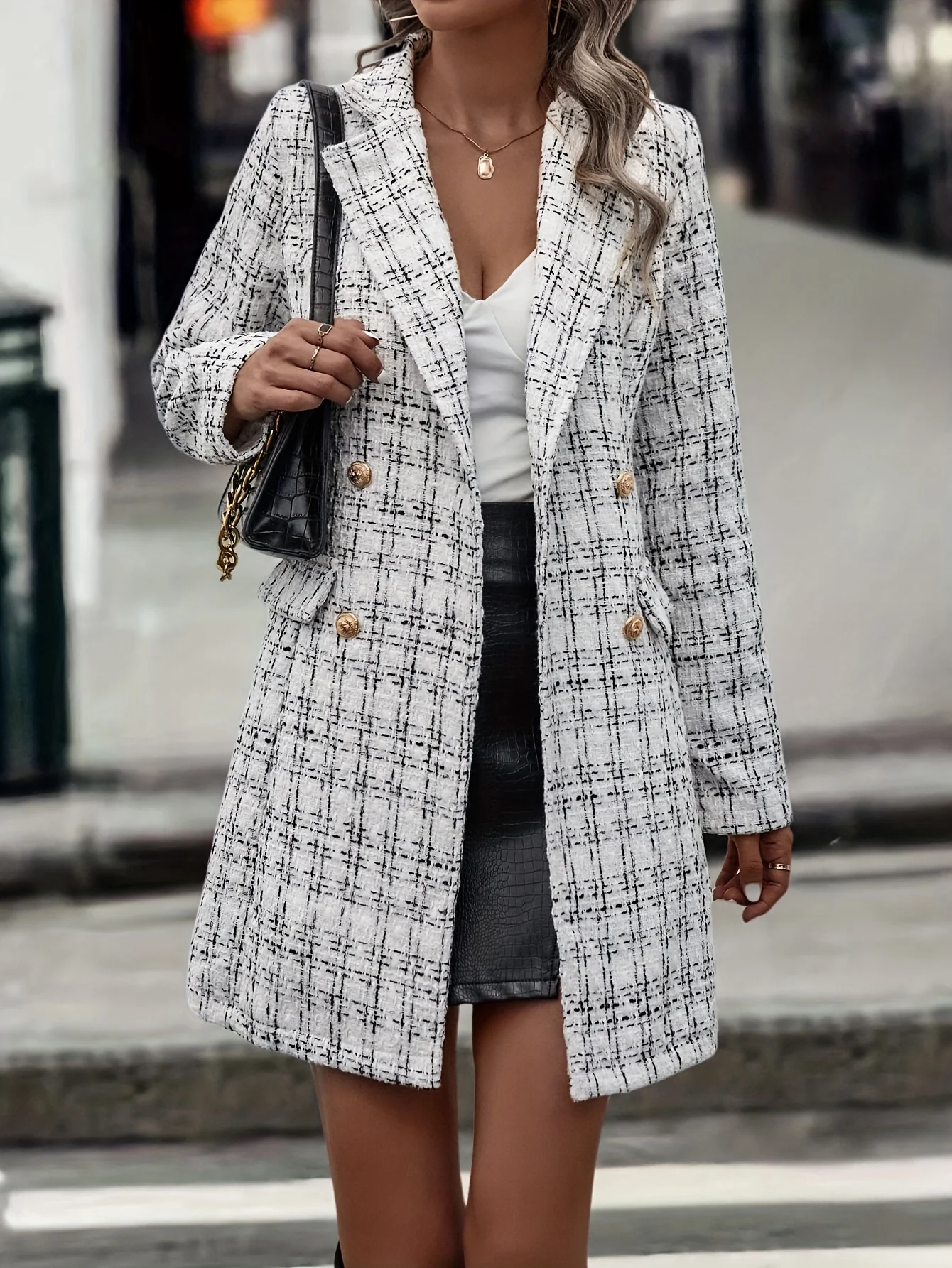 Double Breasted Lapel Pea Coat, Elegant Long Sleeve Open Front Outerwear, Women's Clothing - Deanwangkt