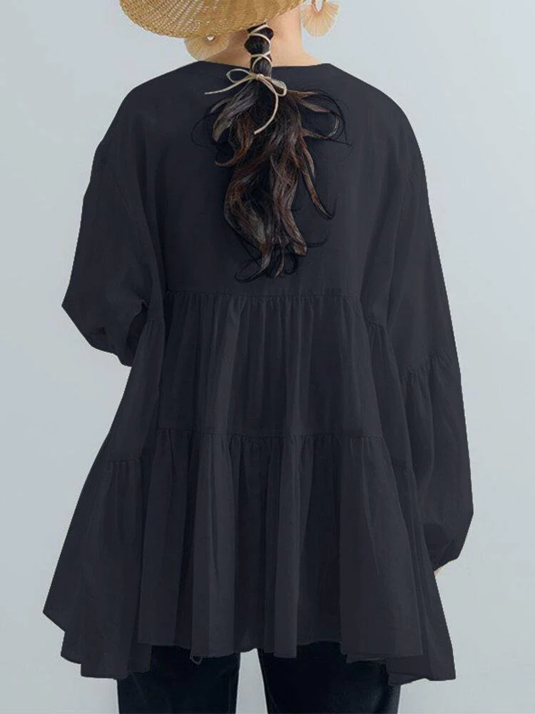 deanwangkt Puff Sleeve Solid Bohemian Retro Style Blouse - Deanwangkt