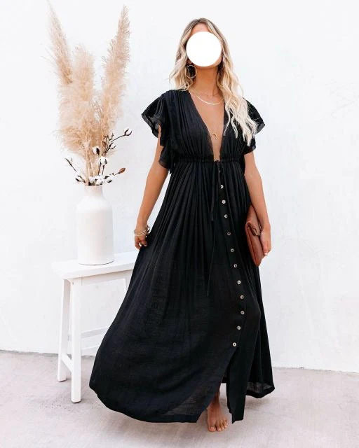 deanwangkt  Summer Beach Maxi Dress Women Pleated Drawstring High Waist Long Dress Solid Boho Casual V-Neck Sexy Party Dresses - Deanwangkt