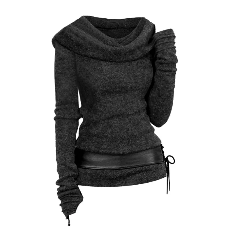 Hooded Cowl Front Lace Up Belted Sweater Spring Tops Tee For Women Solid Black Green Light Gray T-shirts - Deanwangkt