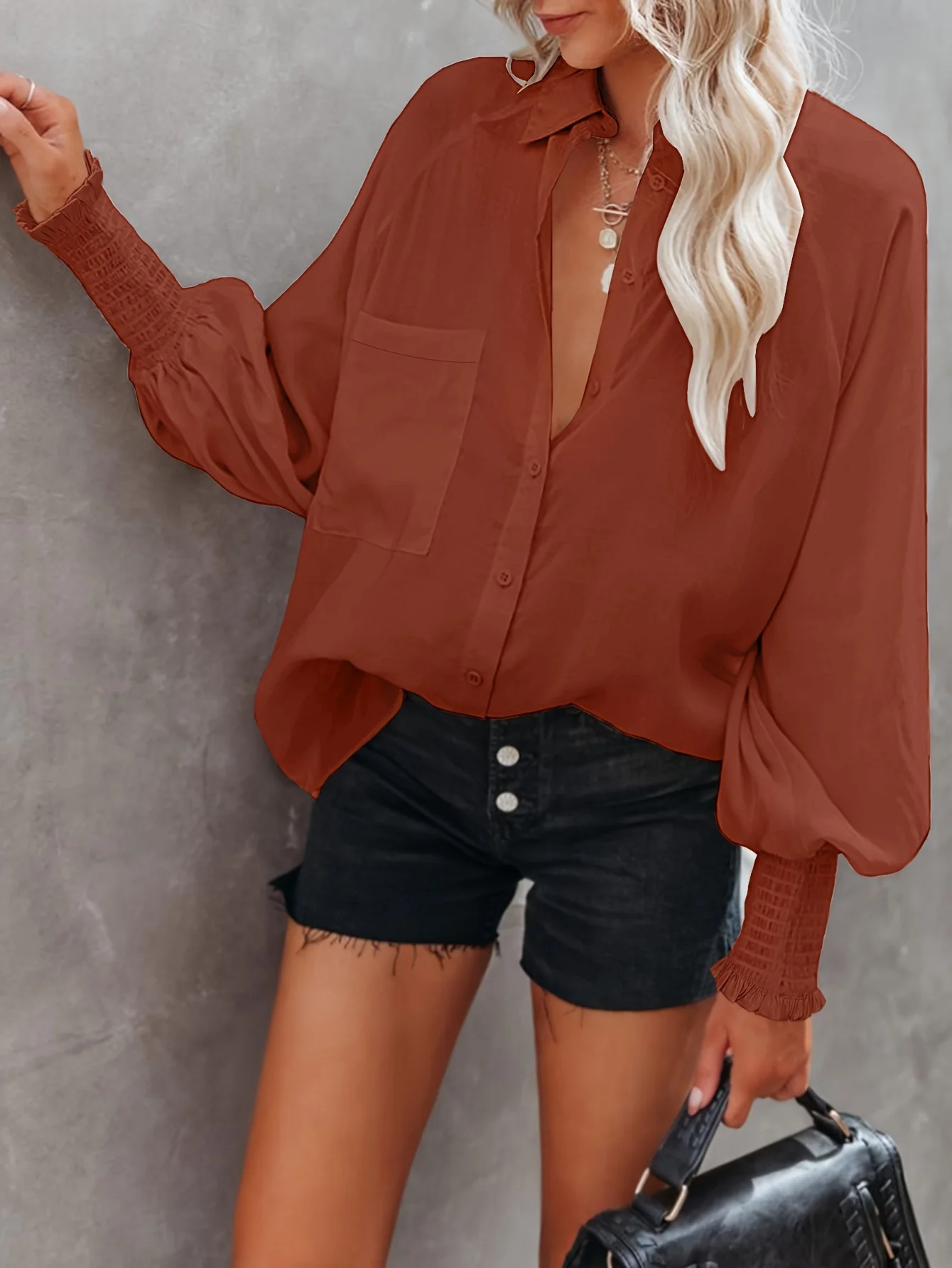 Button Front Pocket Shirred Shirt, Casual Lantern Sleeve Shirt For Spring & Fall, Women's Clothing - Deanwangkt