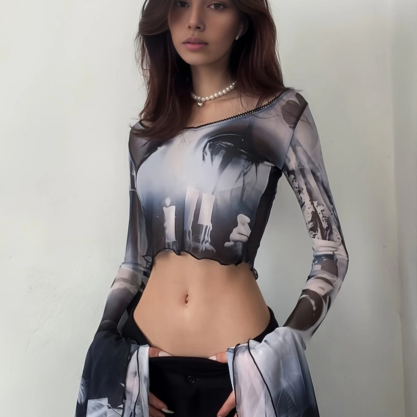 deanwangkt-1 Y2K Mesh Flared Sleeve Crop Top, Sexy Long Sleeve Crew Neck Top, Women's Clothing - Deanwangkt