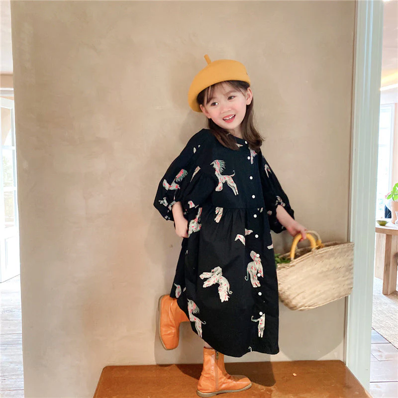 deanwangkt  Spring autumn kids colorful pony printing oversized long dress for girls cotton loose puff sleeve high quality dresses - Deanwangkt