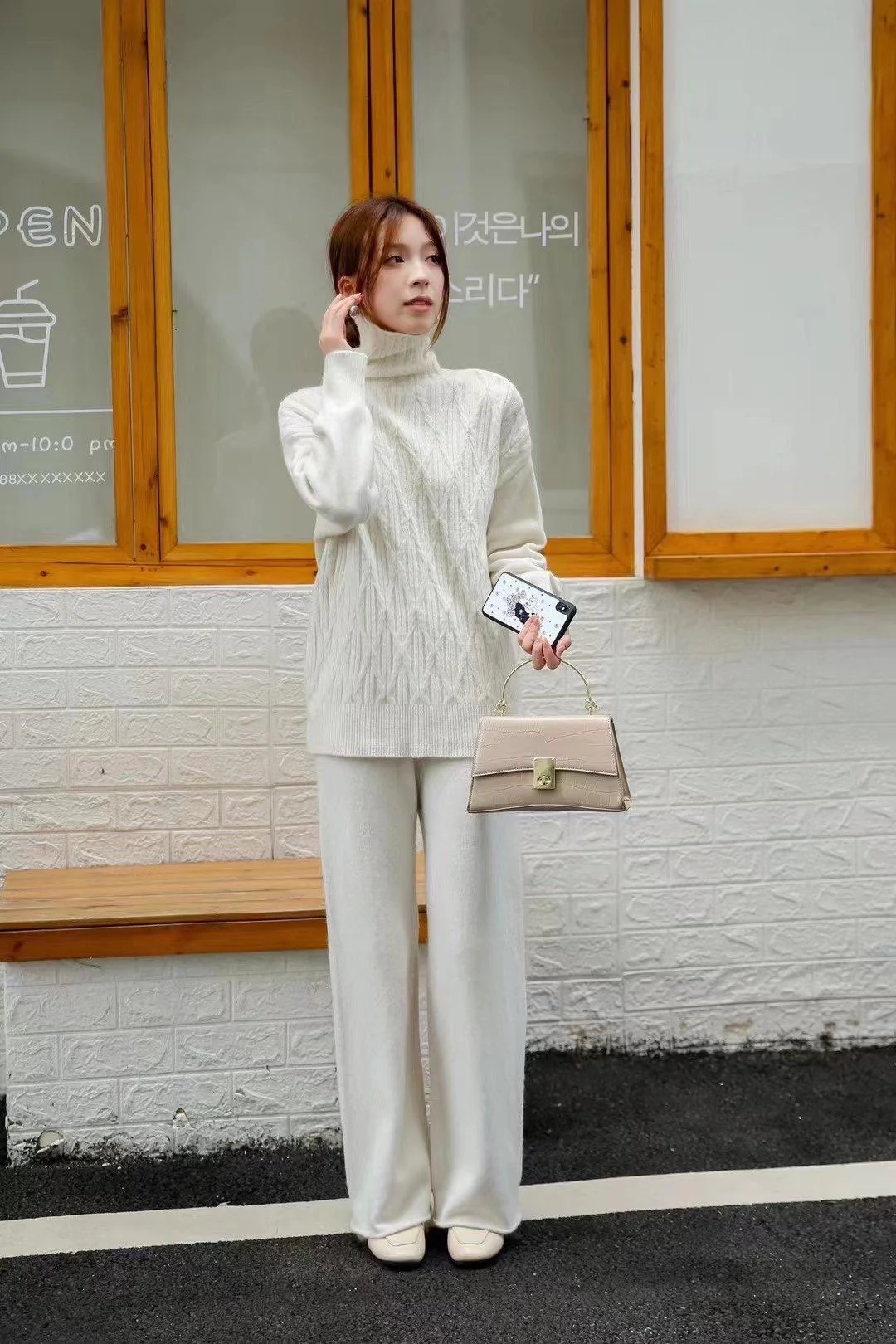Women Solid Knit Sweater Suit Autumn Winter Casual Turtleneck Pullover High Waist Wide Leg Pants Elegant 2 Piece Sets Lazy Style - Deanwangkt