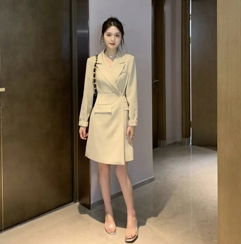 deanwangkt Korean Chic Solid Short Dresses for Women  Autumn New Fashion Long Sleeve Notched Slim Office Lady A-line Female Clothing - Deanwangkt