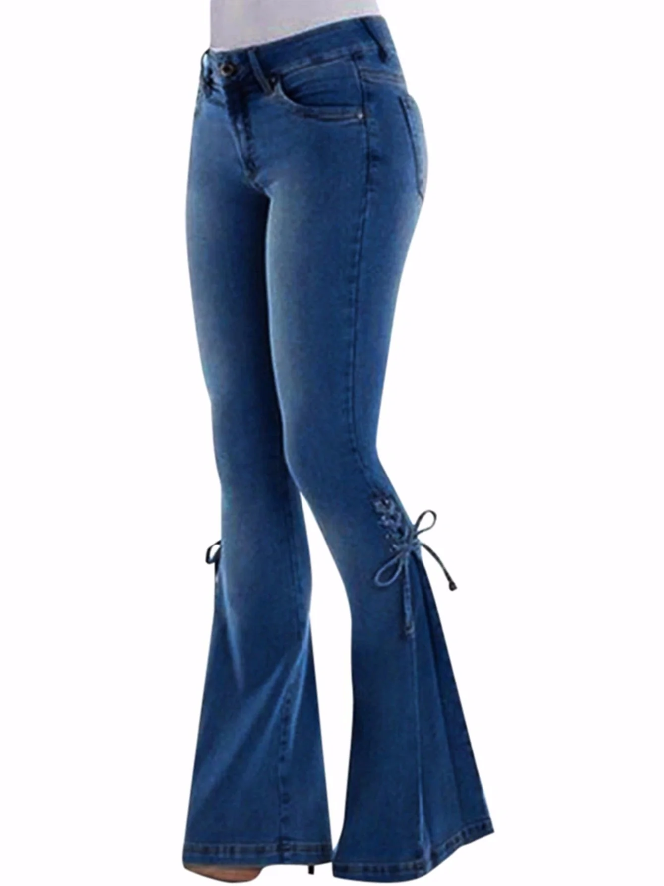 deanwangkt Laced Bell-Bottom Jeans, Stretchy Mid-Rise Boot Cut Flared Leg Jeans, Stylish Pants For Every Day, Coquette Aesthetic Fairy Core Style, Women's Clothing & Denim - Deanwangkt