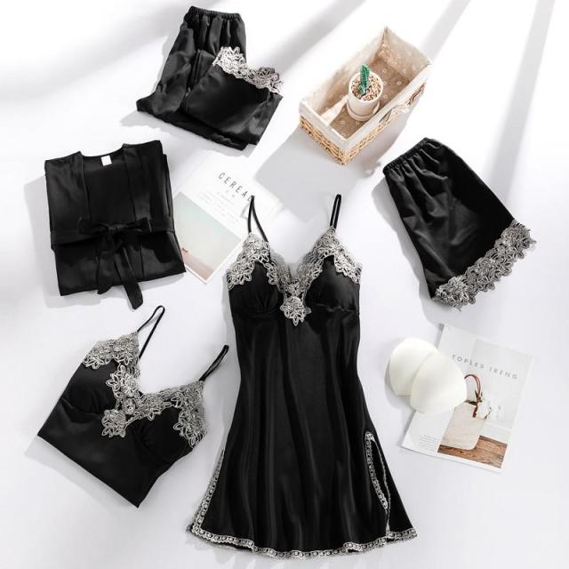 deanwangkt Women Robe Set Satin Sleepwear Lace Kimono Bathrobe Gown Sexy Nightwear Home Clothes Silky Bride Bridesmaid Dressing - Deanwangkt