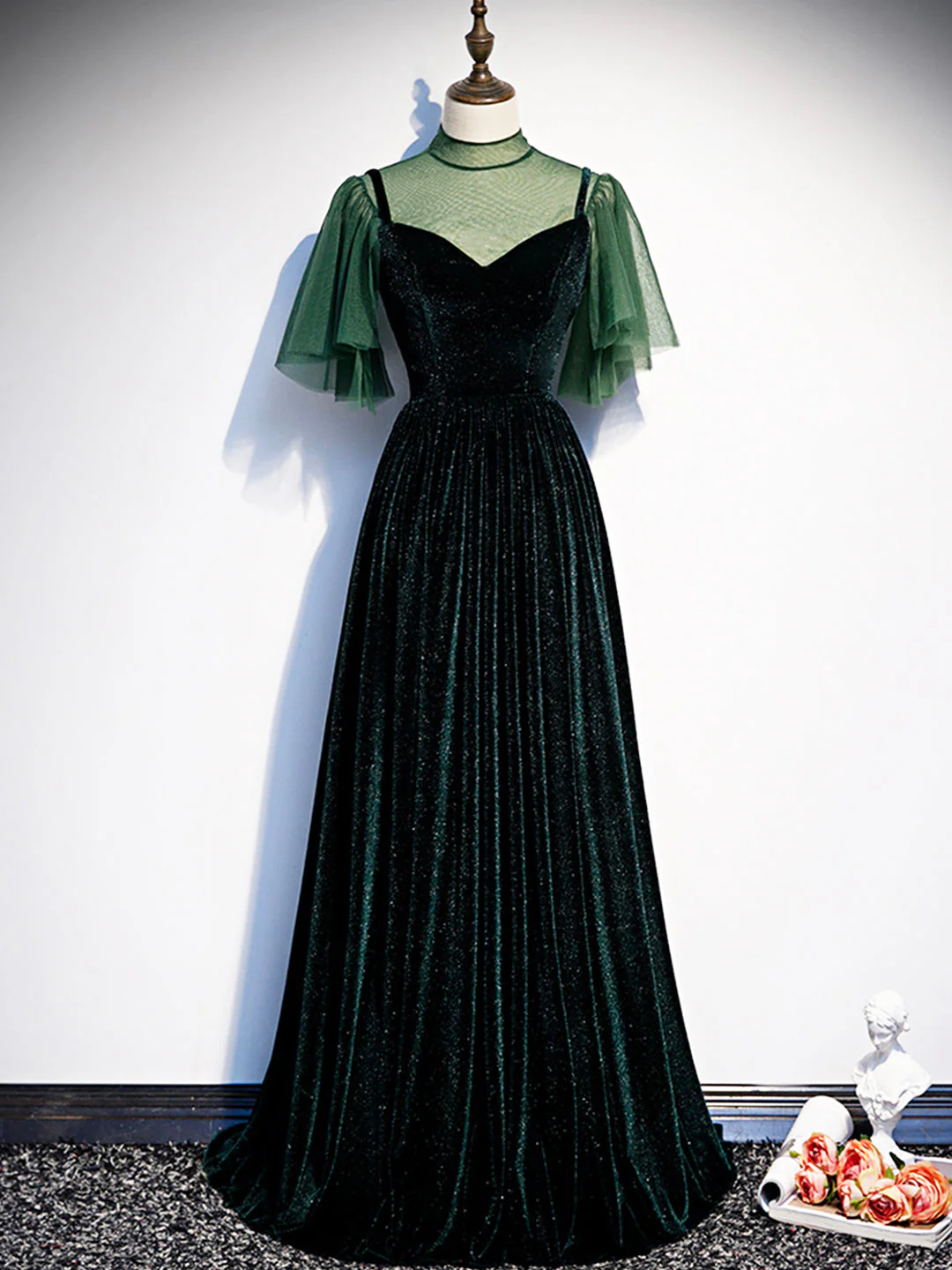 solvbao Green Velvet Long Prom Dress, Elegant A-Line Green Evening Dress - Deanwangkt