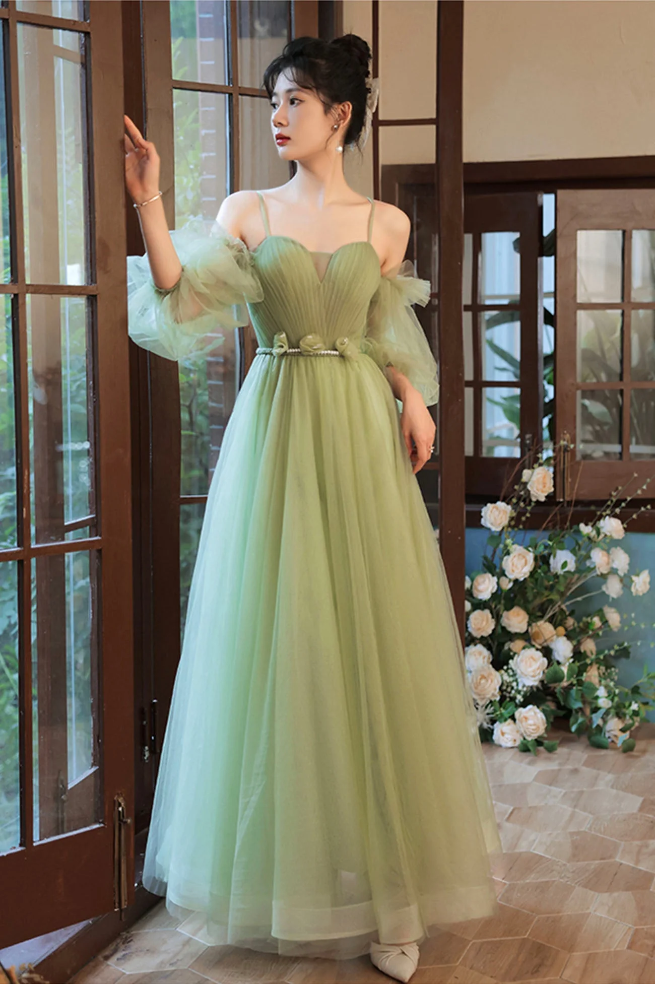 solvbao Lovely Green Tulle Long Party Dress, A-Line Evening Party Dress - Deanwangkt