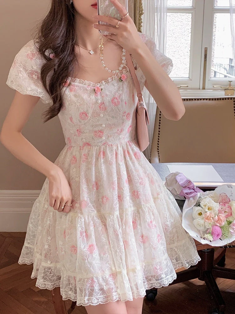 deanwangkt  Floral Lace Korean Sweet Dress Women France Vintage Elegant Party Mini Dresses Female Print Casual Beach Boho Fairy Dress Summer - Deanwangkt