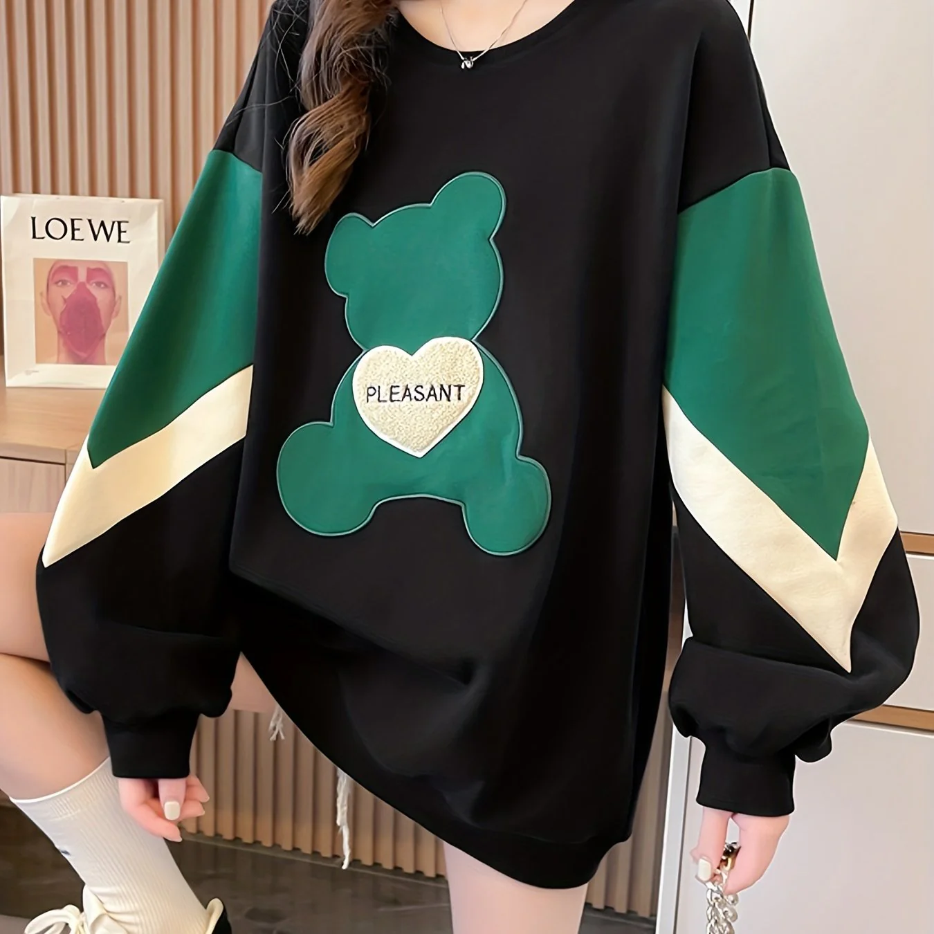 deanwangkt  Color Block Bear Pattern Pullover Sweatshirt, Casual Long Sleeve Crew Neck Sweatshirt For Fall & Winter, Women's Clothing - Deanwangkt