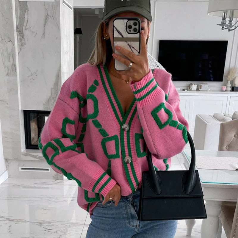 deanwangkt Back To School Women Cardigan Green Striped Pink Knit Button Lady Cardigans Sweaters V-Neck Loose Casual Winter Fashion Knitted Coat - Deanwangkt
