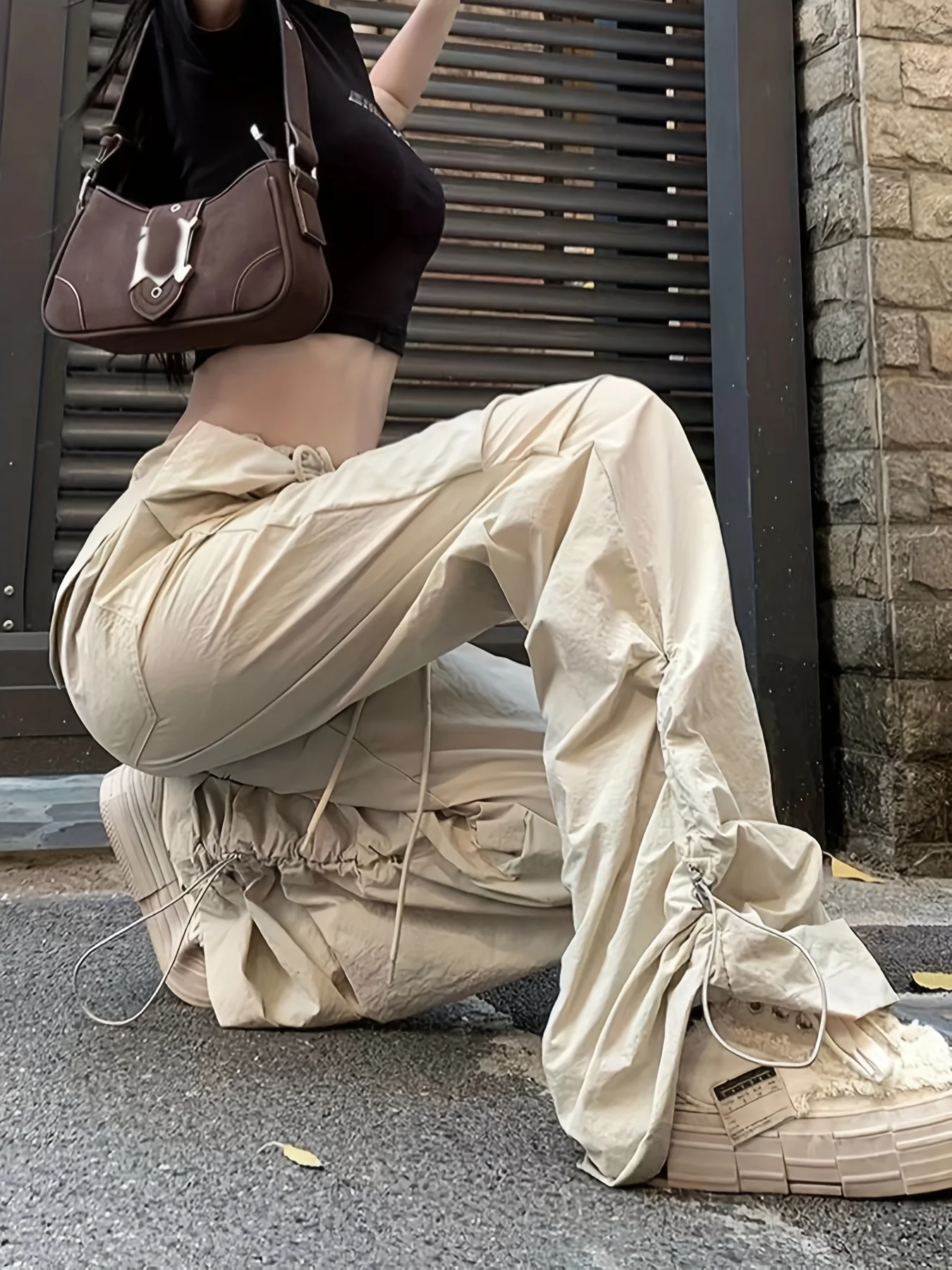 deanwangkt  Solid Drawstring Ruched Cargo Pants, Casual Baggy Streetwear Pants With Pocket, Women's Clothing - Deanwangkt