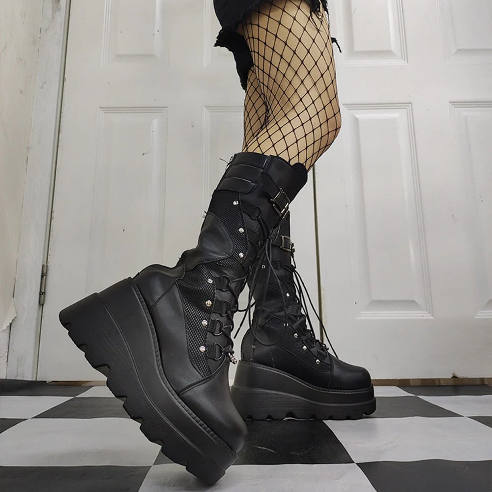 DEANWANGKT High Wedges Buckle Zipper Women Boots Punk Cool Street Thick Heel Shoeslace Autumn Ladies Shoes - Deanwangkt