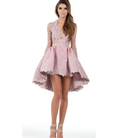 deanwangkt  Cocktail Dresses  Sheer Long Sleeves A Line High Low Plunging V Neck Lace Applique Homecoming Gowns Fashion Short Prom Party - Deanwangkt