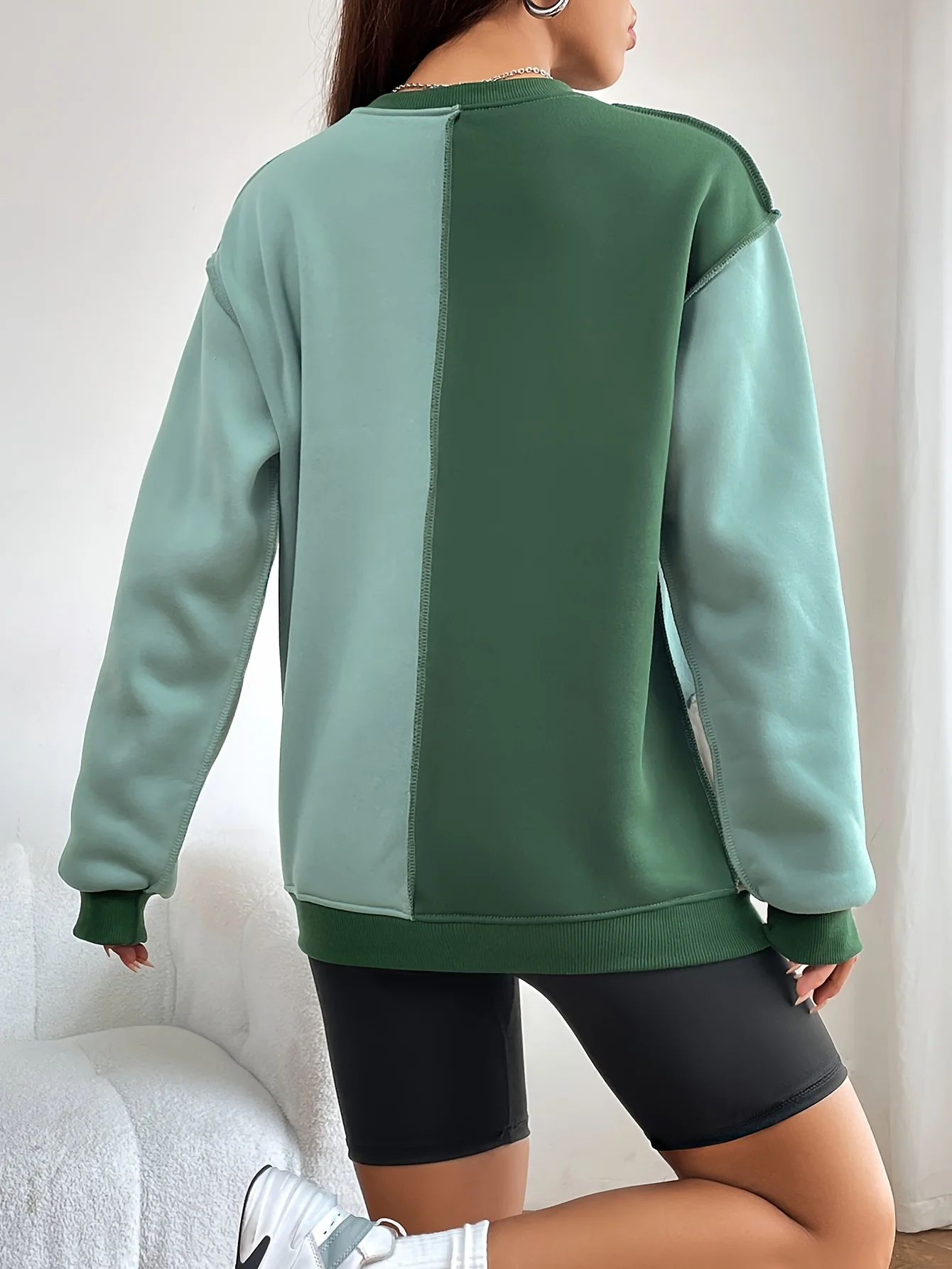 deanwangkt-1 Color Block Crew Neck Sweatshirt, Casual Long Sleeve Drop Shoulder Sweatshirt, Women's Clothing - Deanwangkt