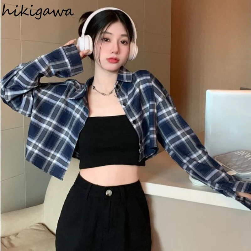 deanwangkt Crop Tops Blouse for Women Korean Casual Plaid Shirts High Waist Long Sleeve Loose Blouses  Blusas Mujer De Moda 27L111 - Deanwangkt