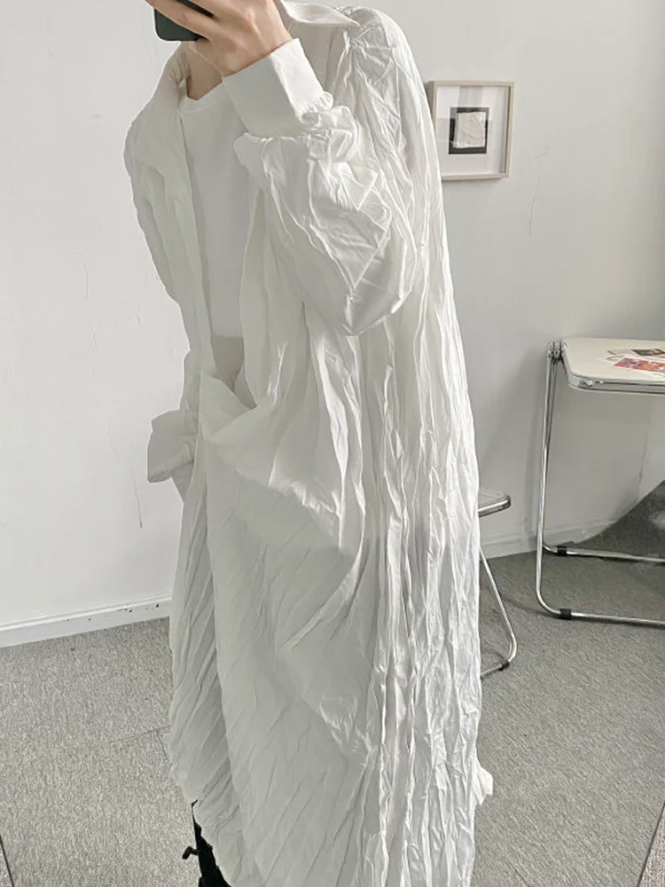 deanwangkt Women White Brief Pleated Big Size Long Blouse New Lapel Long Sleeve Loose Fit Shirt Fashion Spring Autumn  1DF0883 - Deanwangkt