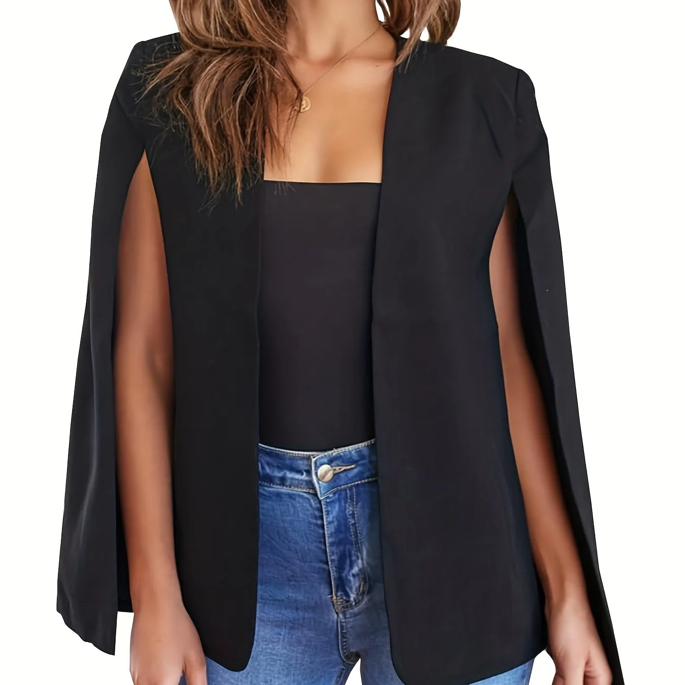 deanwangkt-1 Open Front Cape Sleeve Blazer, Elegant Solid Long Sleeve Blazer For Office & Work, Women's Clothing - Deanwangkt